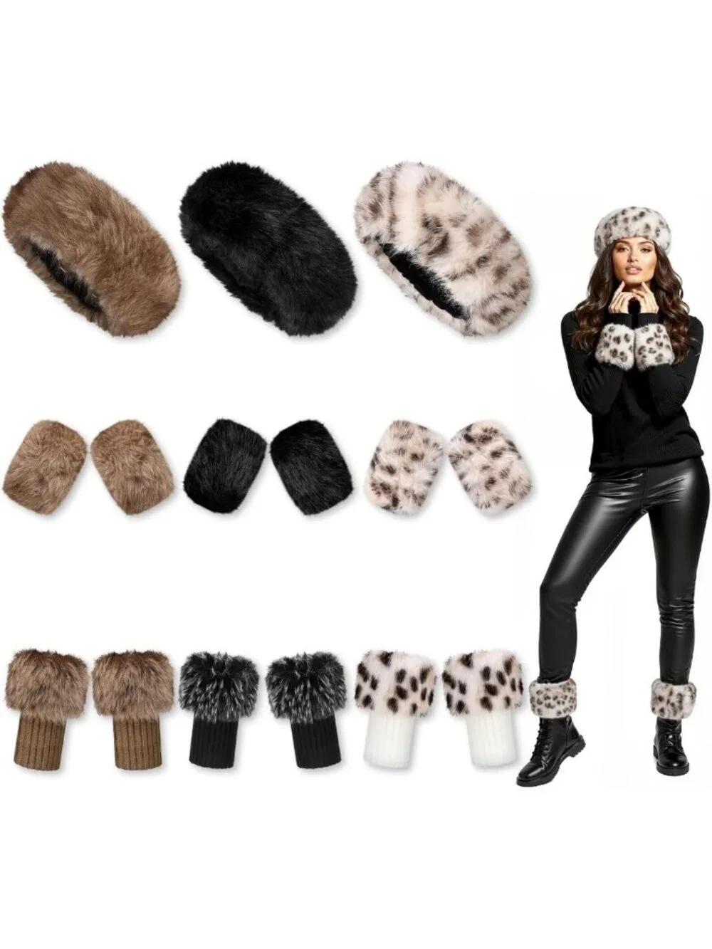 Cozy 9-Piece Faux Fur Headband, Leg Warmers & Wrist Cuffs Set for Winter Fashion